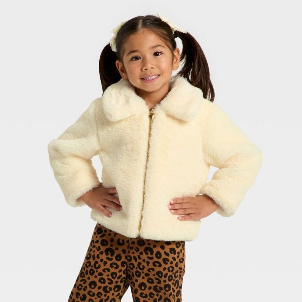 Toddler Girls' Holiday Dressy Faux Fur Jacket - Cat & Jack Cream 18M
